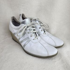 Design Made In Italy White Sliver Leather Pointed Toe Lace Up Wedge Sneaker EU41